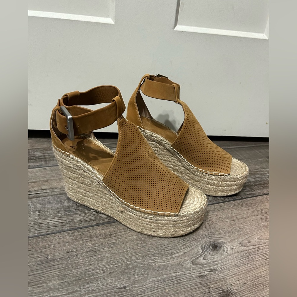 Marc Fisher Mlannie Tan Leather Espadrille Wedge Heels